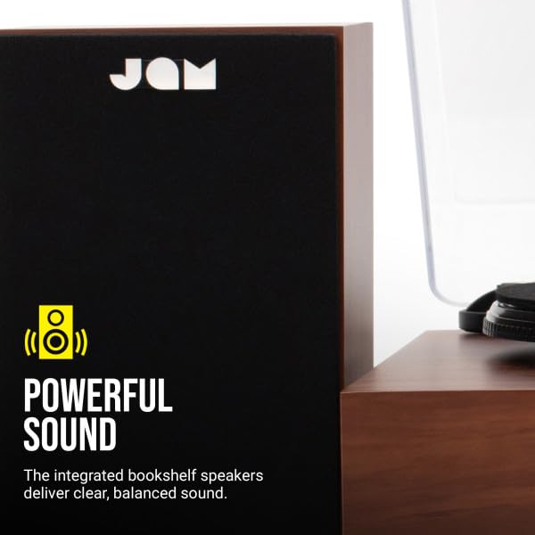 JAM Gramofon z głośnikami – gramofon Bluetooth z głośnikami regałowymi, 3-Speed odtwarzacz winylowy z ochroną przed kurzem, wstępnie ustawionym ramieniem dźwiękowym, w zestawie środek czyszczący do