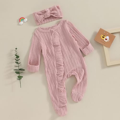 MoZiKQin Newborn Baby Girl Ruffle Romper Knit Sweater Footie Jumpsuit Long Sleeve Zipper Romper Cute Fall Winter Outfits2