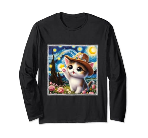 Sternennacht Kawaii Katze Van Gogh Garten Rosen Tulpen Lilien Langarmshirt