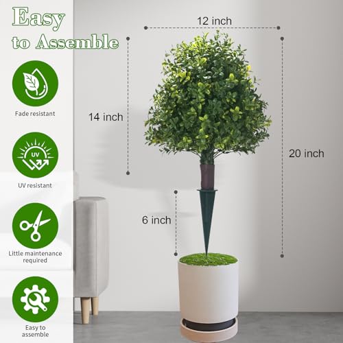 Howngyesimu 20" Artificial Boxwood Topiary Balls Trees with Ground Spike, 2 Pack UV Resistant Artificial Shrubs, Fake Evergreen Artificial Plant Brush for Indoor Outdoor Front Porch Garden — view 3