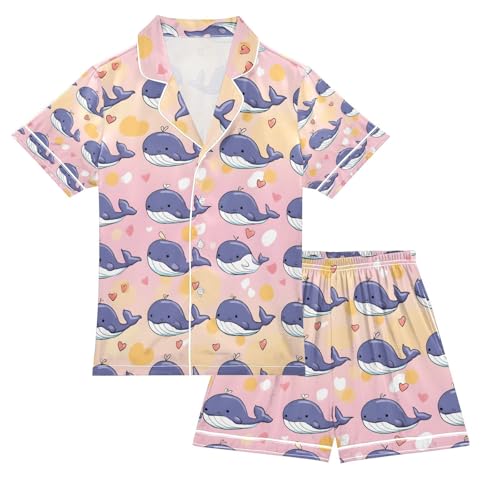 senya Blue Cute Whale Heart Satin Summer Pajama Sets Silk Short Sleeve Button Down Sleepwear