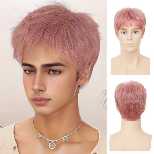 Perruque rose courte raide cheveux synthétiques naturels déguisement homme