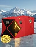 Garvee Pop Up Ice Fishing Shelter and Insulated Ice Fishing Tent with 49ft LED Light Strip, Windproof Portable Hub Design, Fits 5-7 People, 69 sq ft Fishable Area, Red+Black
