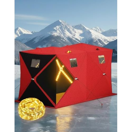 Garvee Pop Up Ice Fishing Shelter and Insulated Ice Fishing Tent with 49ft LED Light Strip, Windproof Portable Hub Design, Fits 1-8 People, 25-69 sq f