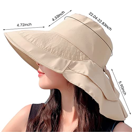 Image of SANNIDHI Polyester Sun Hats for Women Girls Fashion Wide Brim Hat Sun Uv Protection Summer Hats with Ponytail Hole Back Neck Flap Cover Cap Beach Hat for Women-Beige, Free Size