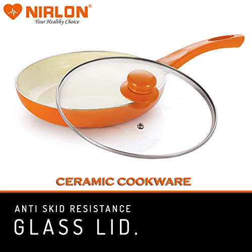 NIRLON Ceramic Induction Base Non-Stick Aluminium Fry Pan and Kadhai with Glass Lid - Set of 2 (Orange) - Image 4