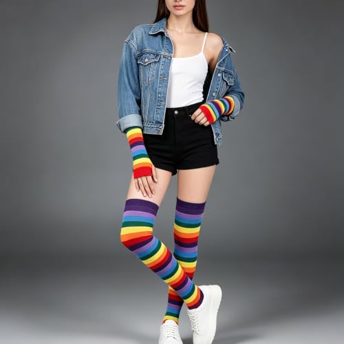 Image of YELAIVP Over Knee Rainbow Thigh High Socks Gloves Set Cosplay Accessories Arm Leg Warmers for Girls