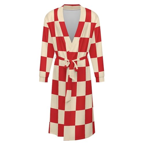 Red And Cream Plaid Checkered Soft Robe Long Sleeve Bathrobes V Neck Sleepwear Spa Robes with Belt Men Woman4