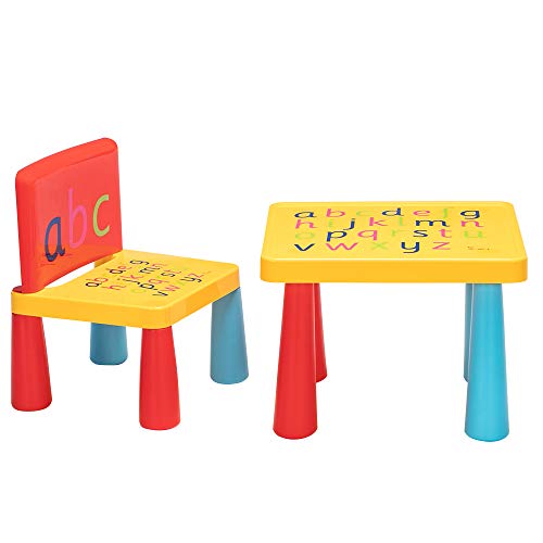 WEI WEI GLOBAL Kids Plastic Table and 1 Chair Set, Printed with Letters, Mushroom Legs, Yellow & Red