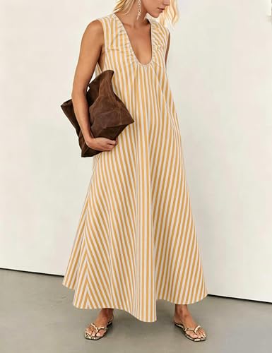 Image of Livtany Women's Scoop Neck Ruched Maxi Dress Flowy Swing Wide Straps Long Dress Casual Sleeveless Sundress with Side Pockets