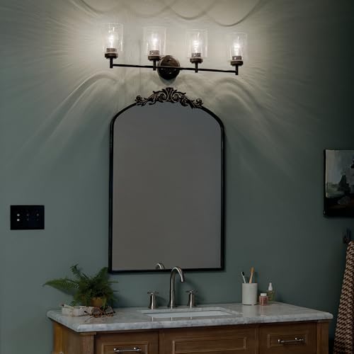 Image of Kichler Winslow 30 inch 4-Light Bathroom Vanity Light Fixture with Clear Seeded Glass in Black, Modern Industrial Style for Bathroom and Powder Room, (30 inch x 9.25 inch x 6.5 inch), 45887BK