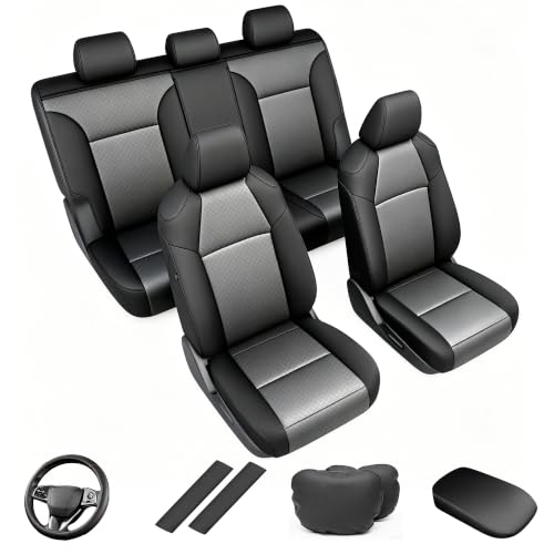 Image of AOMSAZTO Car Seat Covers for Toyota RAV4 2019-2025 Hybrid,Not for SE&XSE | Custom Fit 5-Piece Set Includes Neck Pillows,Armrest Cover,Steering Wheel Cover and Seat Belt Covers-Faux Leather Black&Gray