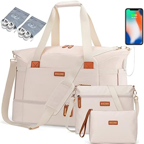 BAGODI Gym Bag for Women, Weekender Overnight Bag with USB Charging Port, Sport Travel Duffel Bag with Wet Pocket & Shoe Compartment, Carry on Tote Bag for Travel/Gym/School 5 Pcs Set