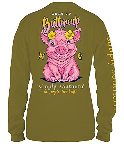 Simply Southern - Youth Chin Up Buttercup' Pig Long Sleeve T-Shirt Green - Small