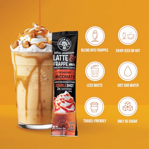 Image of The Frozen Bean Caramel Macchiato Frappe & Latte Instant Mix (20 Sticks), Made with Arabica Coffee, Double Shot Caffeine, Low Sugar & Premium Ingredients, Hot, Iced, or Blended Drinks