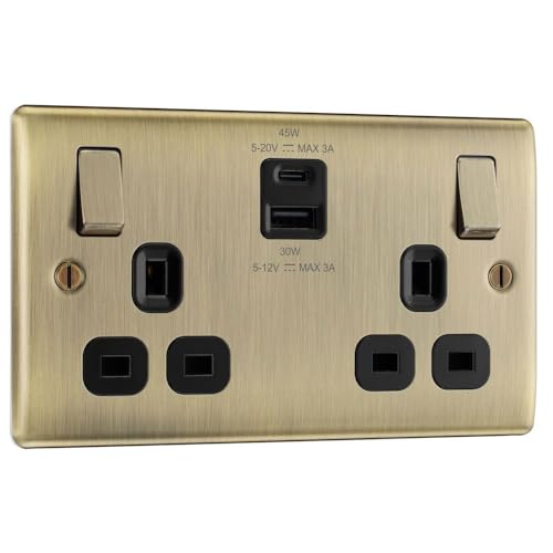 BG Electrical 45W Double Switched Power Wall Plug Socket with Super Fast Charge USB A and USB C Ports, Nexus Metal, Antique Brass, 13A, NAB22UAC45B