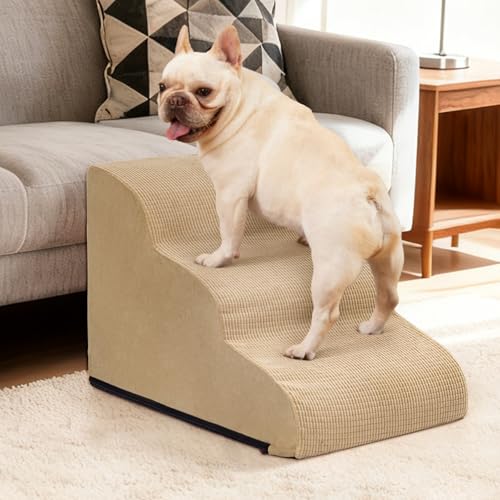 Image of Aodisman Dog Stairs for Small Dogs and Cats,3-Step Pet Ramp for Couch,Chair | 15.7 inch H Non-Slip Sturdy Dog Steps with Curved Ramp for Senior,Short-Legged Dogs,Puppy and Cats to Reach Sofa or Chair,Khaki