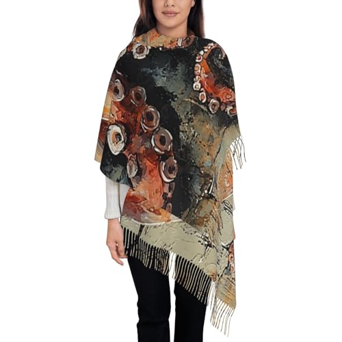 Women Pashmina Shawls Wraps Scarf for Evening Dress Large Warm Soft Winter Scarves, Coral Octopus Watercolor Retro Vintage
