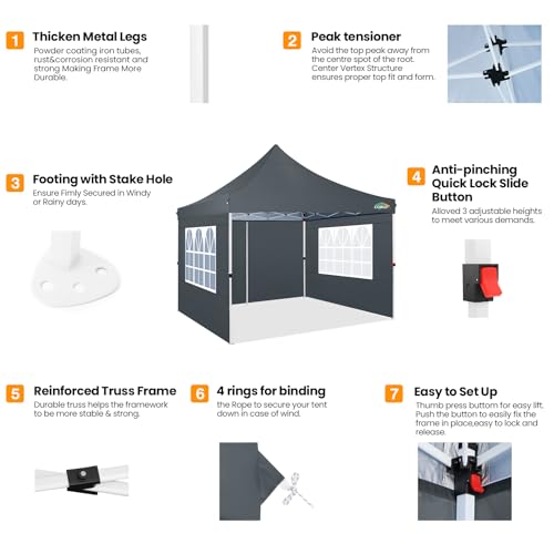 Image of COBIZI 10x10 Pop Up with 3 Sidewalls, Canopy Tent 10x10 for Parties, Backyard, Commercial, Waterproof and Portable Instant Shelter UV50+ Outdoor Canopy Gazebo with 4 Sandbags (Grey)