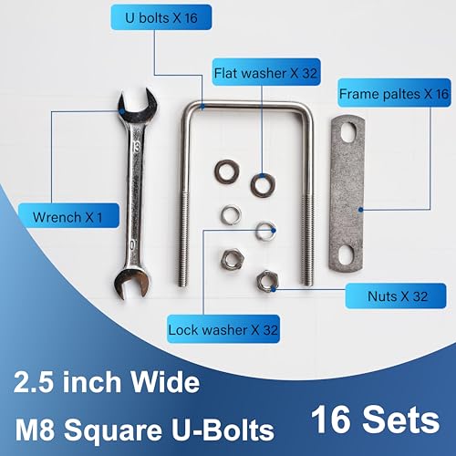 Image of 16 Pcs M8 Square U Bolts 2-1 /2 Inch Wide, 5 /16 inch x 2-1 /2 inchW x 4 inch L | 304 Stainless U Bolt Heavy Duty with Nuts,Bolt Plate and Washers,Square U Bolts 2.5 Inch Wide,Metric bolts