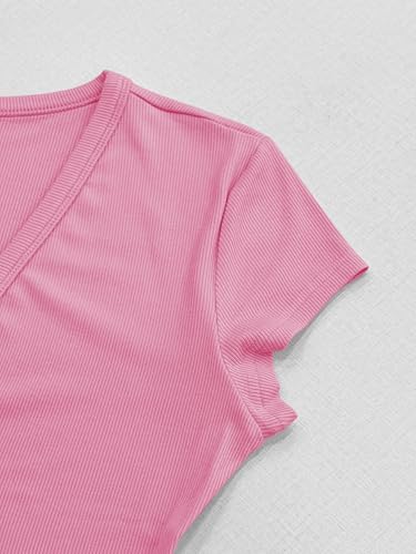 Image of Albe Rita Women Short Sleeve T-Shirt Cap V Neck Shirts for Women Ribbed Casual Top Knit Slim Fit for Summer