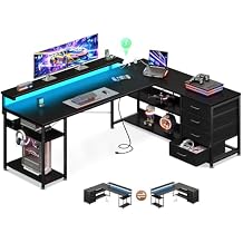 AODK 61" L Shaped Desk with Drawer, Computer Desk with Power Outlets & LED Lights, Reversible Corner Gaming Desk for Home Office Workstation, Office Desk with Monitor Shelf, Pure Black