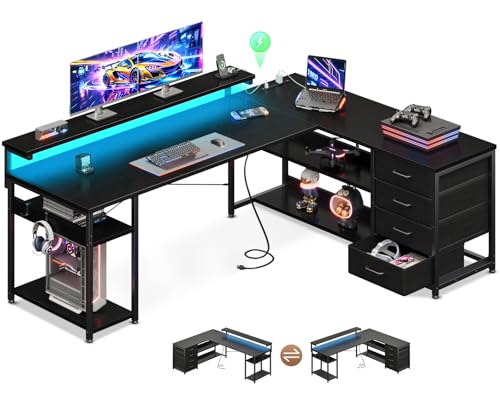 Image of AODK 61 Inch L Shaped Computer Desk with 4 Drawers, LED Lights, Black