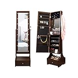 PRINZ 60” Jewelry Organizer Armoire with Full-Length Lighted Mirror, Makeup Storage and Hooks, Brown
