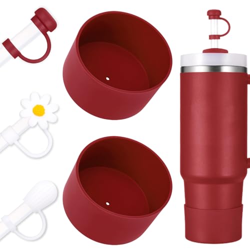 DUNLAGUE Boot and Straw Cover Set - 2pcs Silicone Boot, 3pcs Straw Cap, Bottom Protector for Stanley Cup H2.0 30oz & 40oz, Exact Color Match with Stanley, Accessories Cranberry