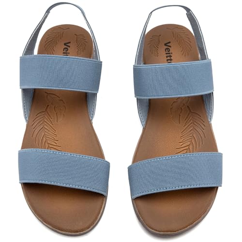 Image of Veittes Women's Double Bands Elastic Strap Slide Flat Sandals