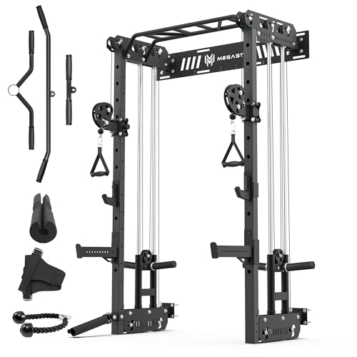 MEGASTAR Wall Mounted Power Rack – Compact Commercial Home Gym with Dual Cable Crossover, LAT Pulldown, Multi-Grip Pull-Up Bar & Landmine Attachment – 1600LB Capacity for Small Spaces, P67 Striker
