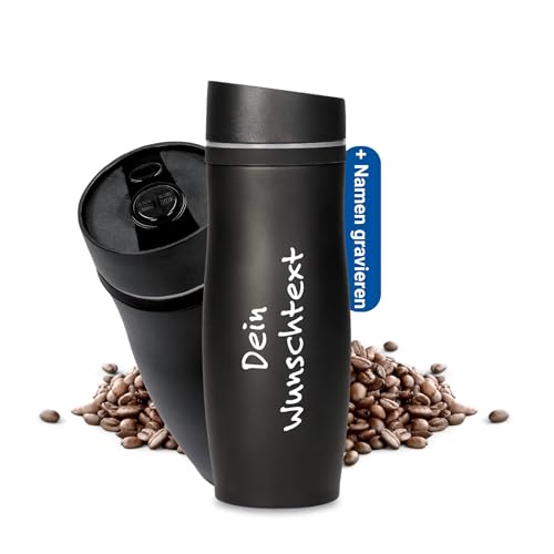 Uakeii Personalisierter Edelstahl Thermobecher 350ml 100% Auslaufsicher Isolierbecher Kaffeebecher to go mit Namen Autobecher Travel Mug mit Wunschgravur (Schwarz - Personalisiert)
