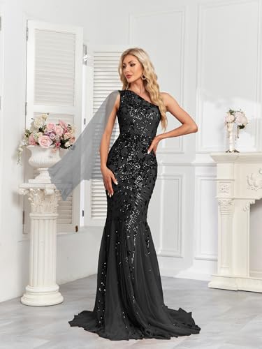 Image of One Shoulder Glitter Mermaid Dress for Mother of The Bride Women's Sexy Sequin Formal Gown