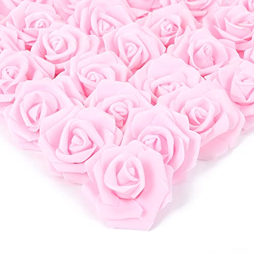 IPOPU Artificial Rose Flower Heads, 100pcs Real Looking Light Pink Foam Fake Roses for DIY Wedding Baby Shower Centerpieces Arrangements Party Tables Home Decorations (Light Pink, Stemless)