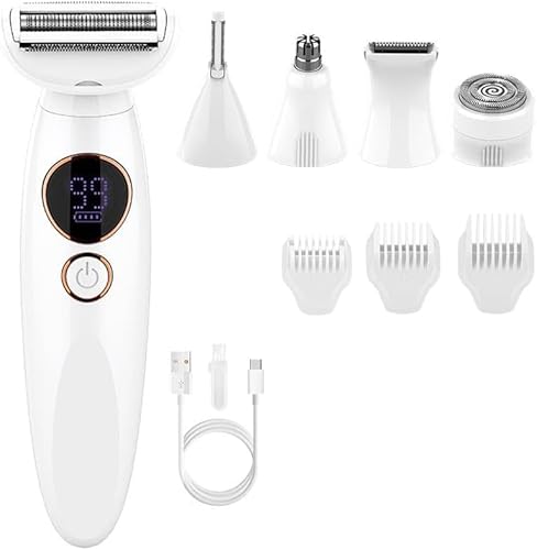 Rasoir Elios Femme 5 En 1, Rasoirs Électriques Femme, Epilateur Electrique avec Affichage LED, IPX7 Étanche Pour Bikini, Aisselles, Jambes, Ne