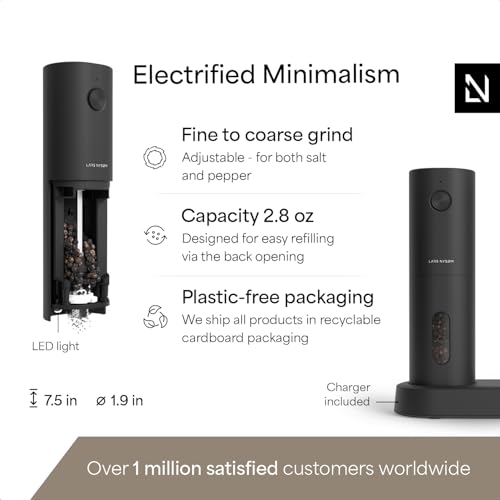 Image of LARS NYSOM Electric Salt and Pepper Grinder Set, USB Rechargeable, Automatic Salt and Pepper Mills, Spice Shakers Refillable with LED Light, Adjustable Coarseness, Ceramic Grinder (Carbon Black)