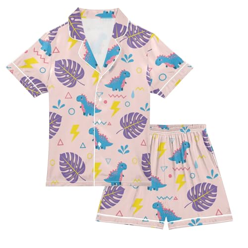 Satin Pajama Sets Short Sleeve Dinosaur Leaves Triangle Button Down Silky Nightwear 2 Piece PJS 5-14Y