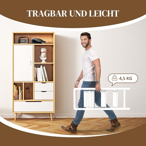 HOMCOM Trittleiter 3 Stufen klappbar Alu-Leiter mit Breitem Anti-Rutsch-Matten Tragbare Stehleiter bis 150 kg belastbar Klapptritt für Haushalt Büro Garage, Haushaltsleiter Weiß