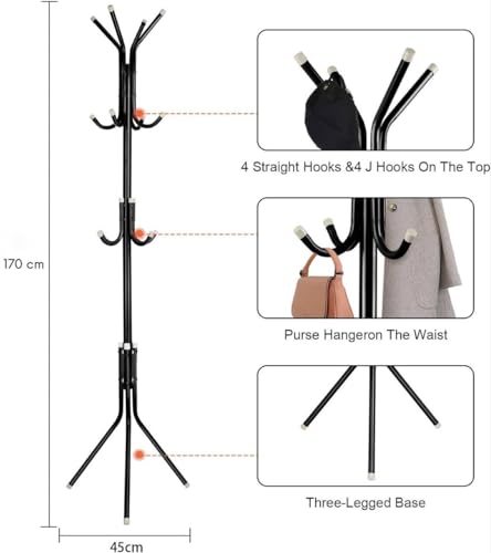 مارك كيو حامل تعليق الملابس مع 12 خطاف، رف معطف للقبعات وشنط اليد والوشاح والعباية والحجاب والجاكيتات والمظلة والمدخل وغرفة النوم والرواق والسكن الجامعي والمكتب - اسود