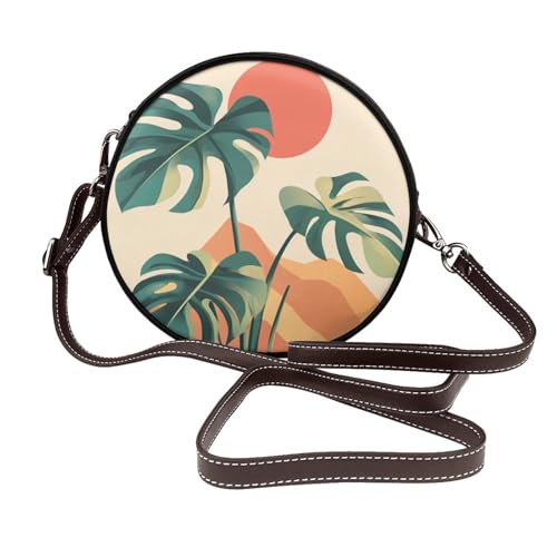 Monstera Plant The Sun Mountains Women Round Crossbody Bags Leather Sling Bag Purse