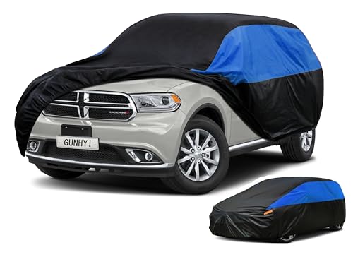 Image of GUNHYI Waterproof Lightweight SUV Full Car Cover Custom Fit Dodge Durango | All‑weather Outdoor sun /rain /dust /snow /wind /UV protection, breathable tear‑resistant fabric, black‑blue design, storage bag.