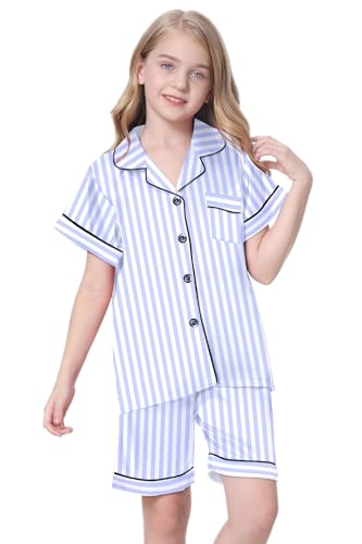 Image of Schbbbta Girls Womens Pajamas, Satin Silky Pjs Set Kids 2Pcs Button-Down Nightwear Sleepwear Gift for Mommy and me