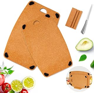 Midyb Chopping Board, Wood Fibre Chopping Board with Stand & Non-Slip Feet, 2 Pcs Wooden Cutting Boards for Carving Meat, Vegetables, Fruits, Cheese, Bread, Send Kitchen Knife