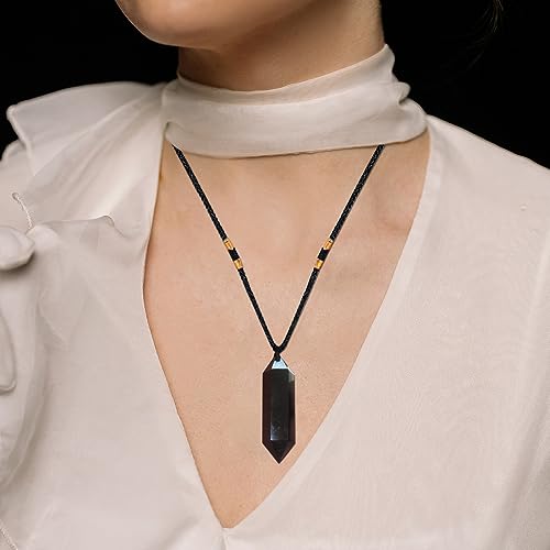 Image of Runyangshi Black Obsidian Healing Crystal Pendants, Double Pointed Natural Crystal Quartz Necklace 6 Faceted Chakra Crystal Wand Stone