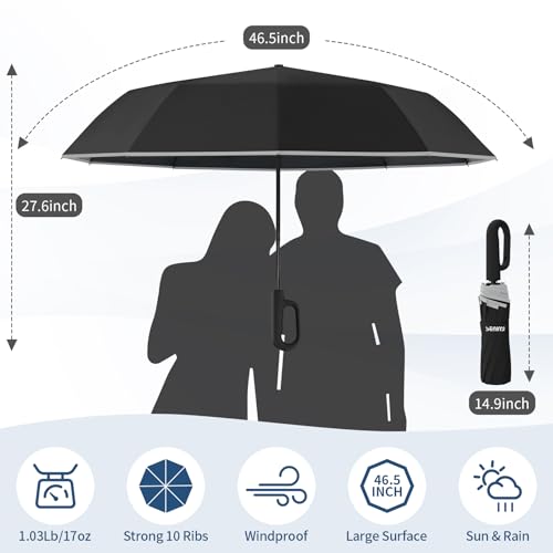 Seniny Travel Umbrella with Carabiner Handle, Windproof Large Umbrellas for Rain with Dual-Rib Structure, Portable Compact Umbrella with Reflective Strip, Car Backpack UV Umbrellas for Sun Protection - Image 3