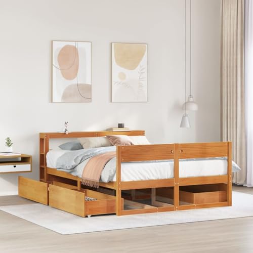 AJJHUUKI Camas y accesorios - Camas y marcos de cama - Marco de cama sin colchón, color marrón, 140 x 190 cm, madera maciza de pino