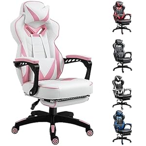 Vinsetto Computer Gaming Chair, Racing Desk Chair with Lumbar Support and Footrest, PU Leather Gamer Chair with Headrest and Swivel Wheels for Home, Pink