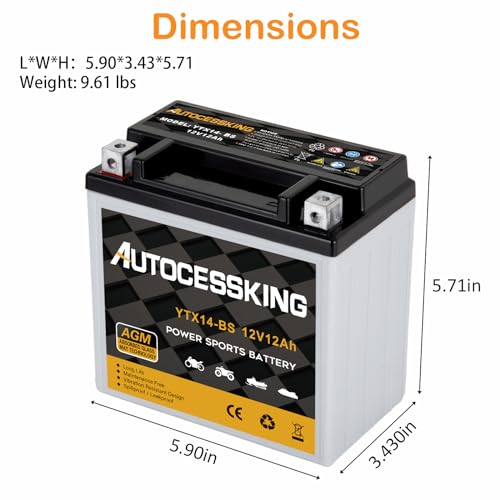 Image of Autocessking YTX14-BS 12V 12Ah Motorcycle Battery, Rechargeable Sealed AGM Battery Maintenance Free Powersport Replacement Battery for ATV and Scooter