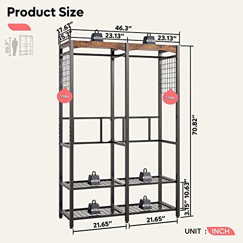 Bestier Metal Freestanding Wardrobe Storage Unit With Wooden Top Shelf & Built In Color Changing Lights W/7 Colors And 20 Dynamic Modes, Rustic Brown #TOP2