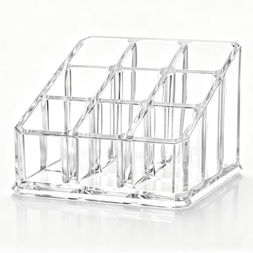 Image of Lipstick Lipgloss Organizer, Clear Acrylic Compact Holder with 9 Slots | Lipstick holder for cosmetic items, fits roller‑ball perfume and essential‑oil bottles, dresser and bathroom countertops